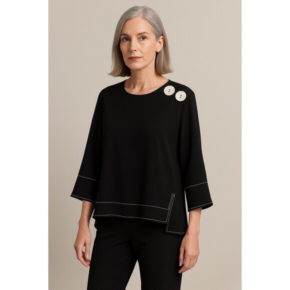 Zara Black Lagenlook Blouse Top Woman XXL  Accent Shoulder Button Plus Size - Picture 1 of 10